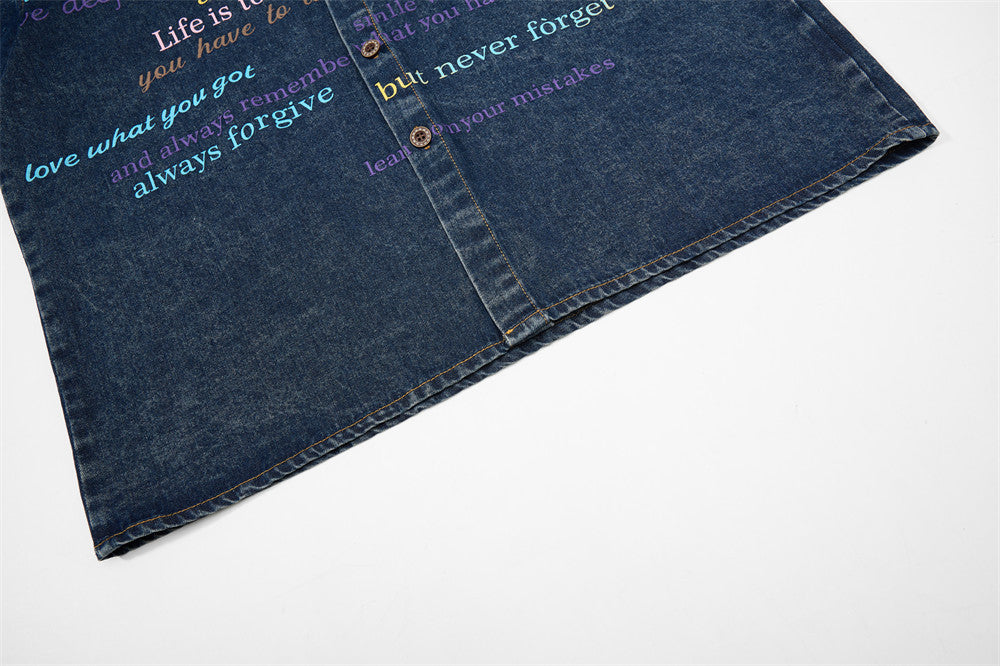 DAXUEN Short-sleeved faded denim shirt with graphic text