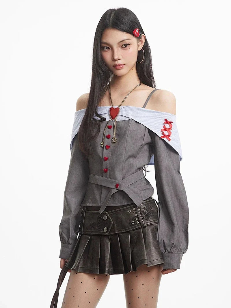 Off Shoulder Heart Button Shirt