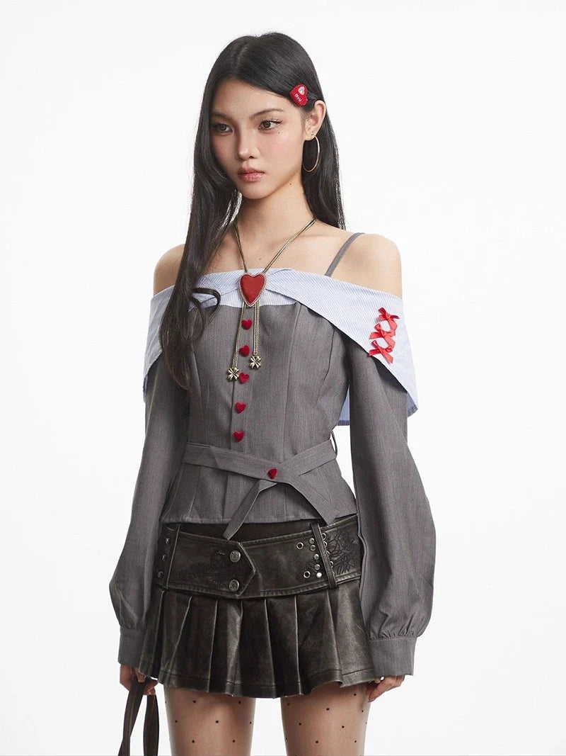 Off Shoulder Heart Button Shirt