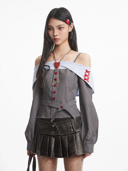 Off Shoulder Heart Button Shirt