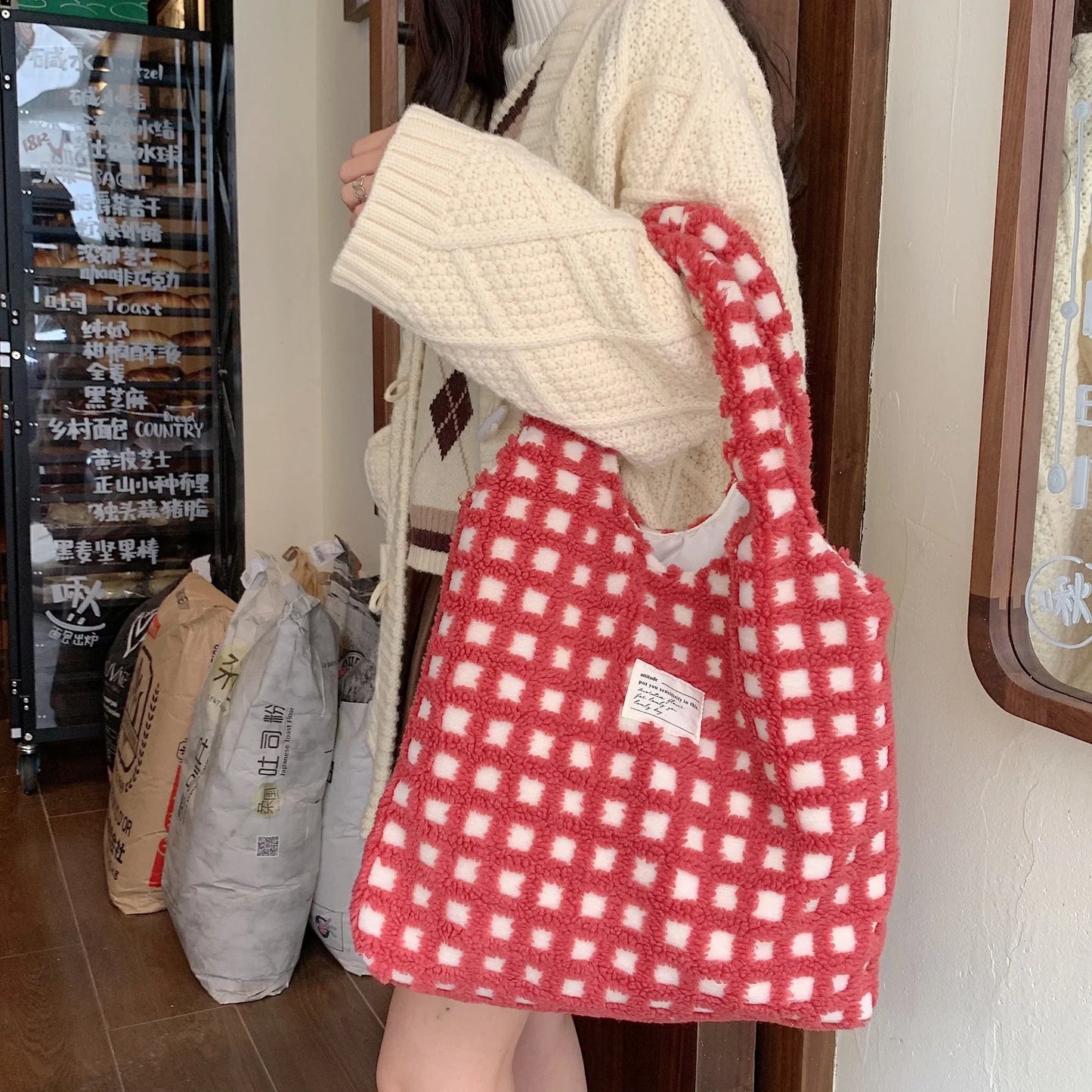 Plush Checkered Tote Bag