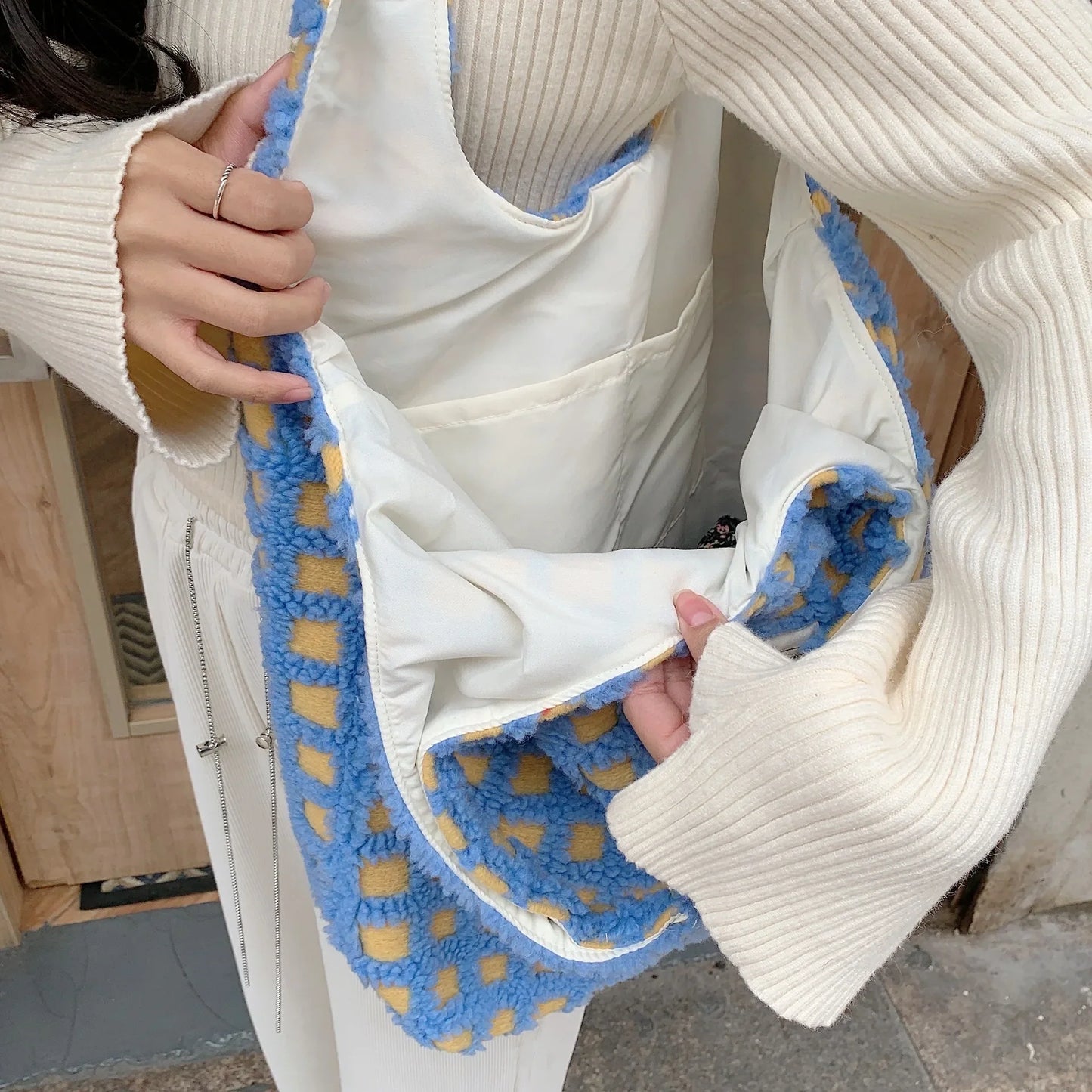 Plush Checkered Tote Bag