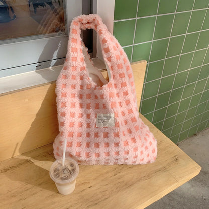 Plush Checkered Tote Bag