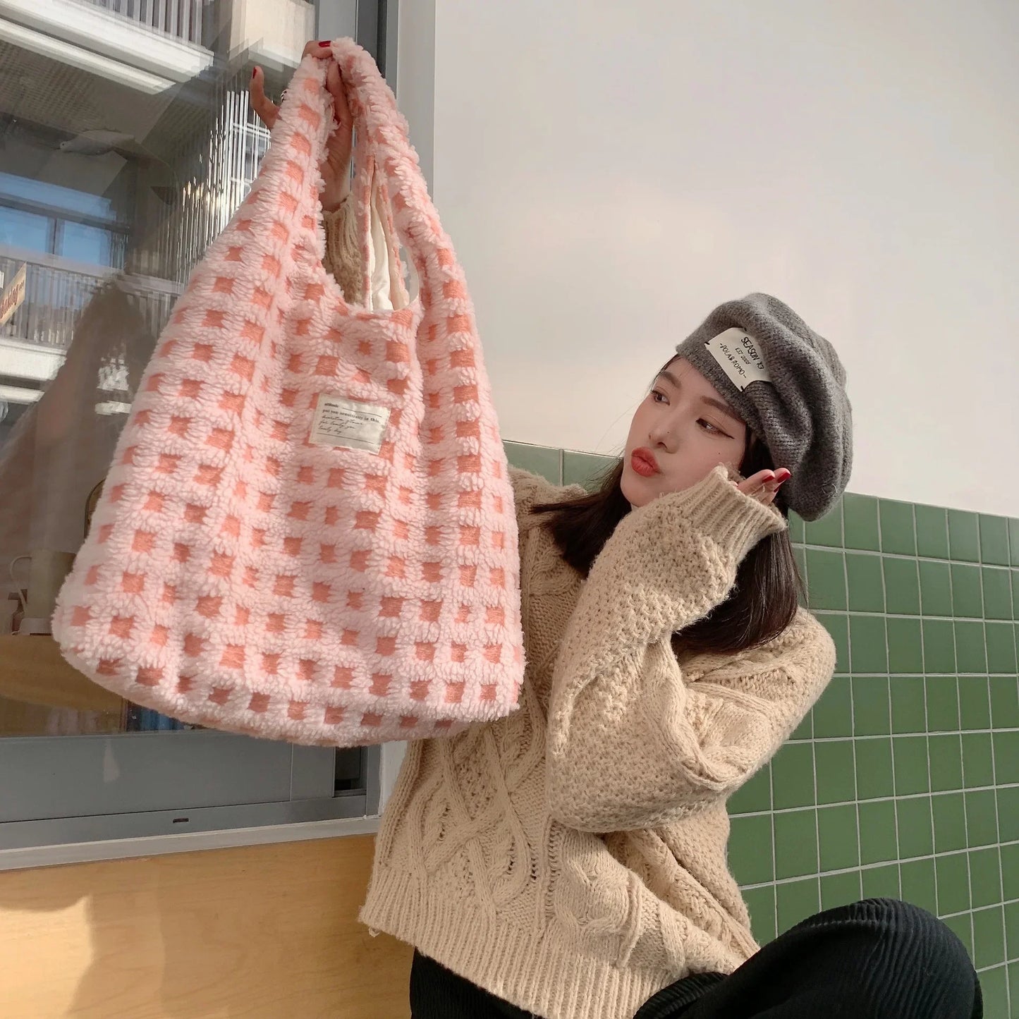 Plush Checkered Tote Bag