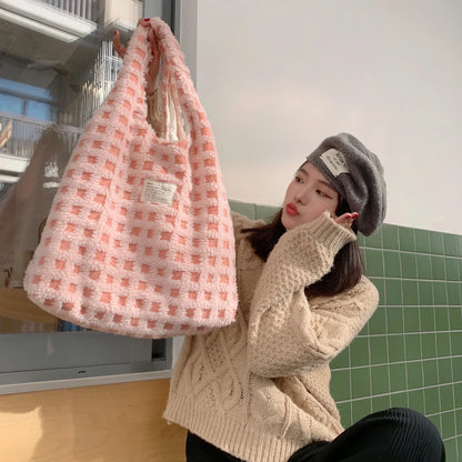 Plush Checkered Tote Bag