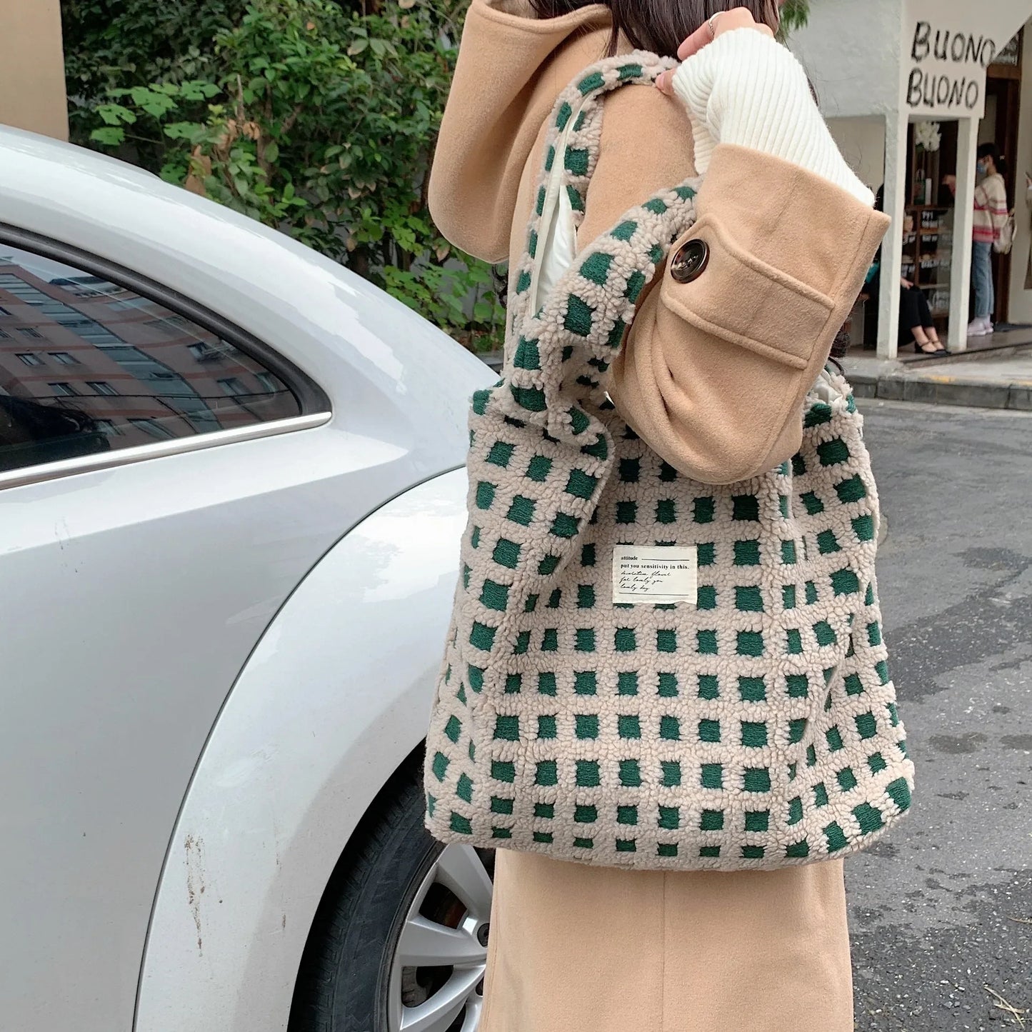 Plush Checkered Tote Bag