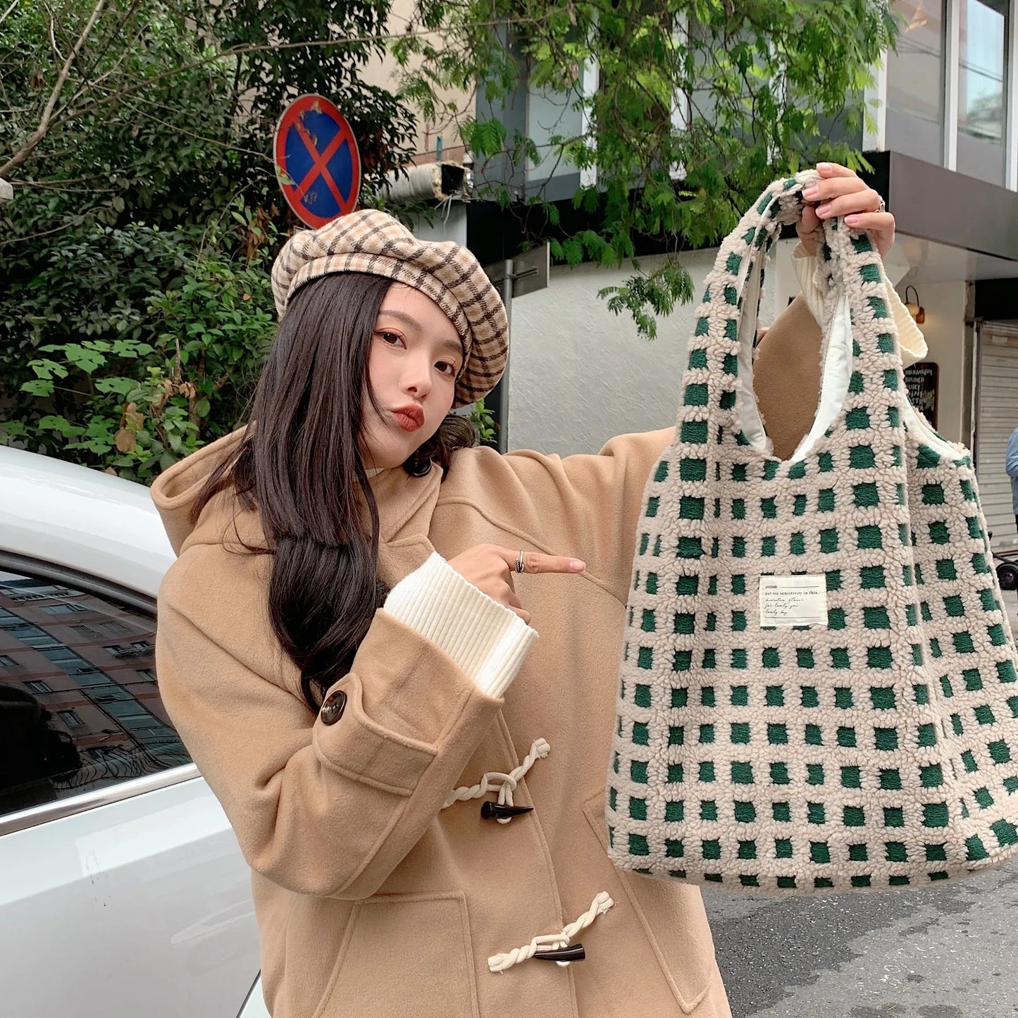 Plush Checkered Tote Bag