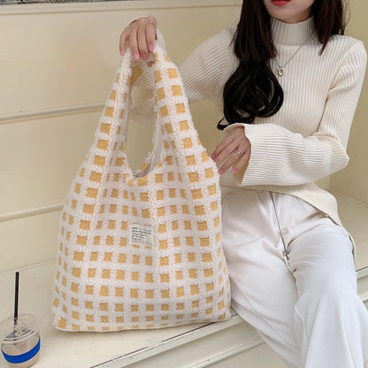 Plush Checkered Tote Bag