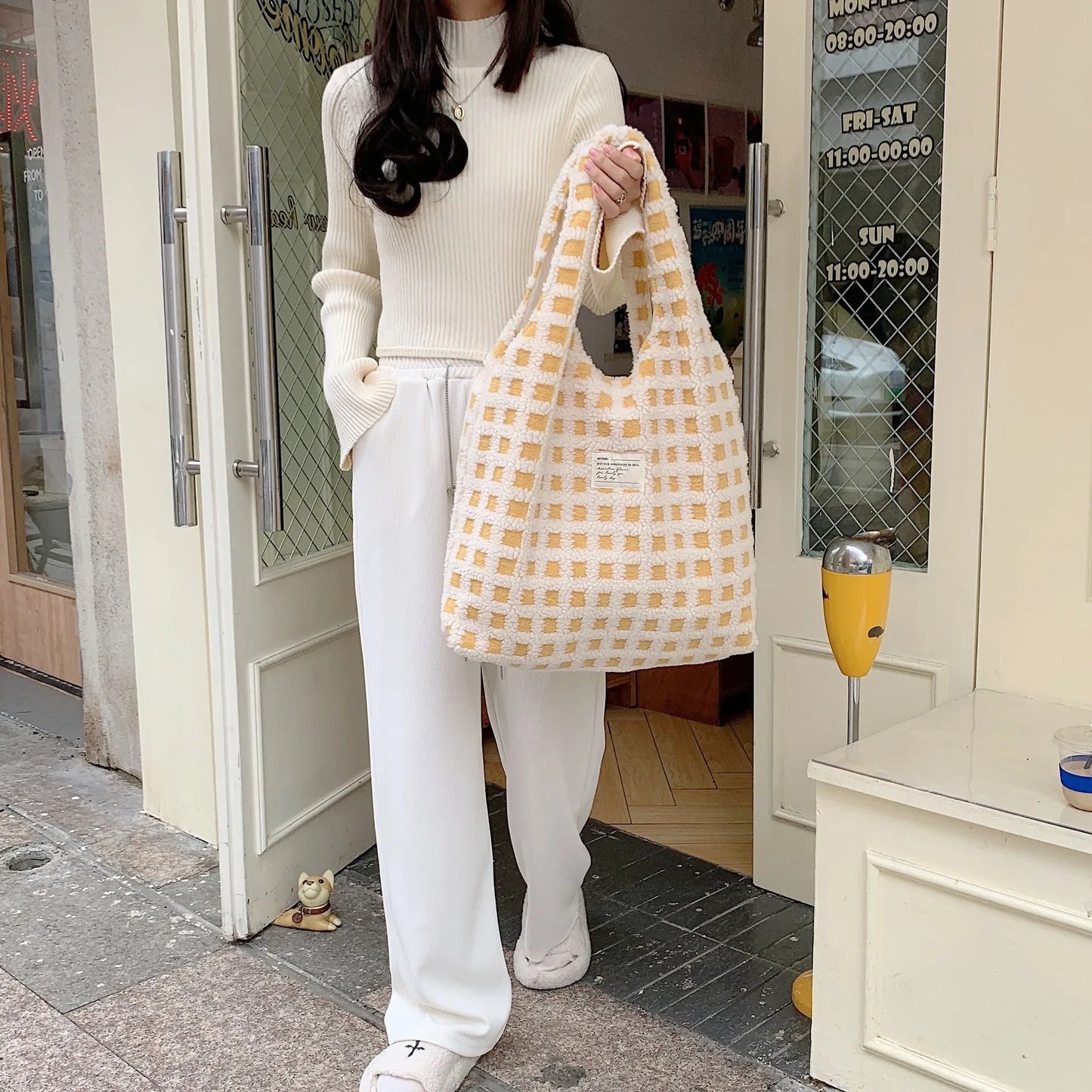 Plush Checkered Tote Bag