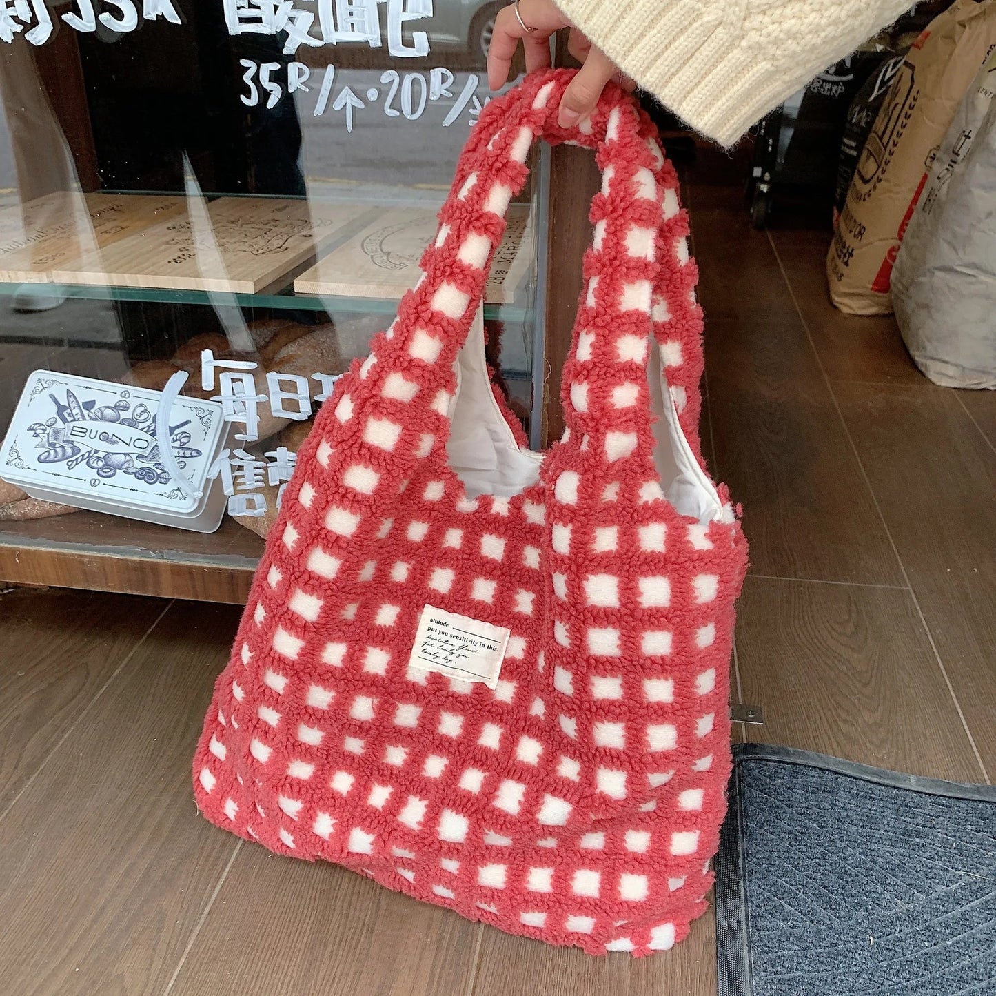 Plush Checkered Tote Bag