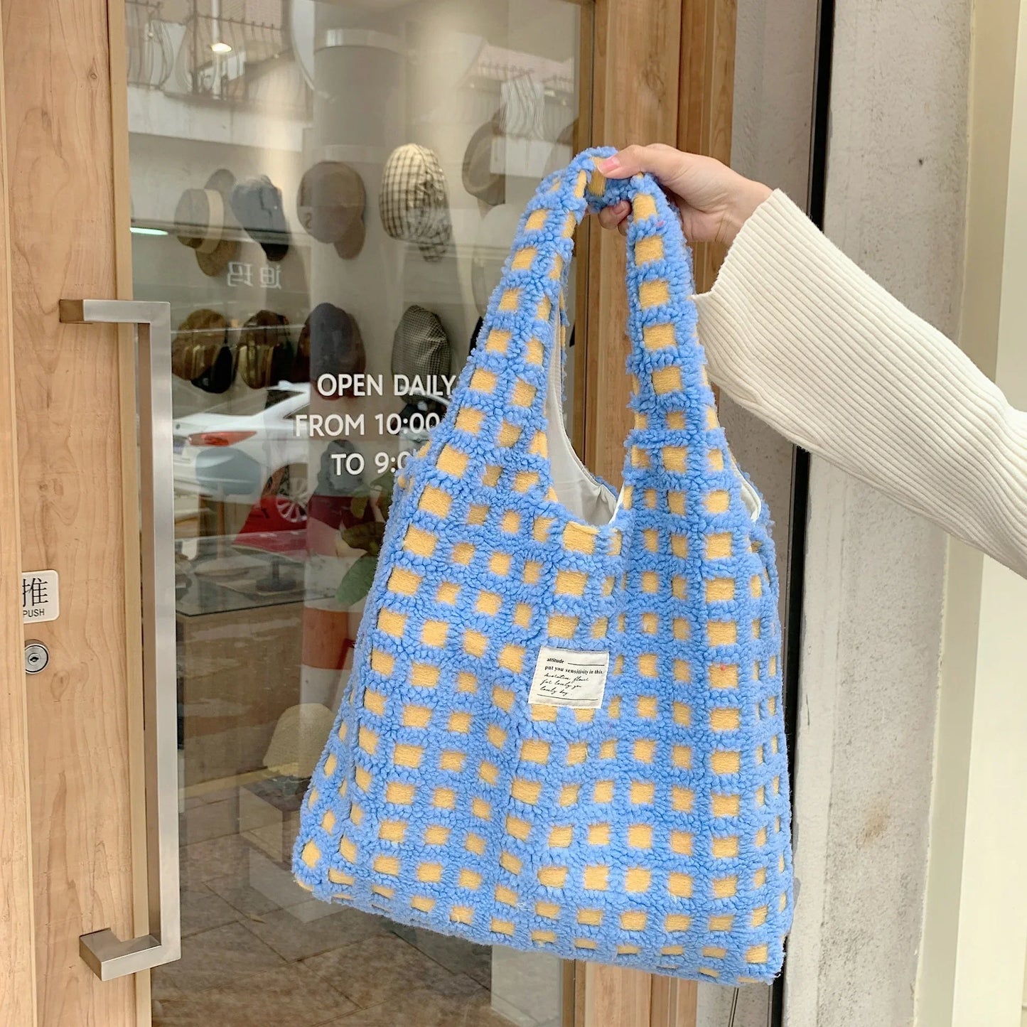 Plush Checkered Tote Bag
