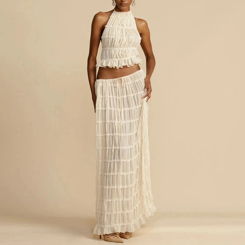 Ruched Backless Top & Maxi Skirt Two Piece Set