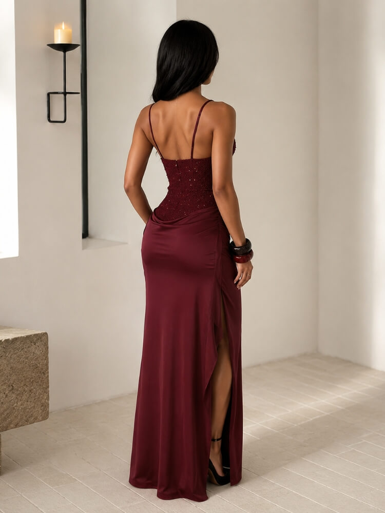 Ruched Satin Maxi Dress