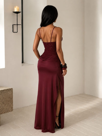 Ruched Satin Maxi Dress