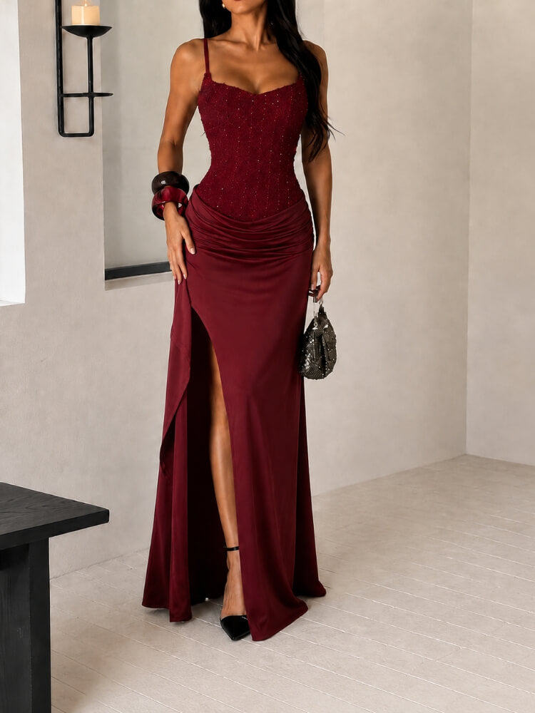 Ruched Satin Maxi Dress