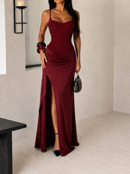 Ruched Satin Maxi Dress