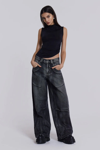 Vintage Wing Pattern Baggy Wide Leg Jeans