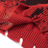 Flattering Distressed Ripped Red Ink Splashing Sweater