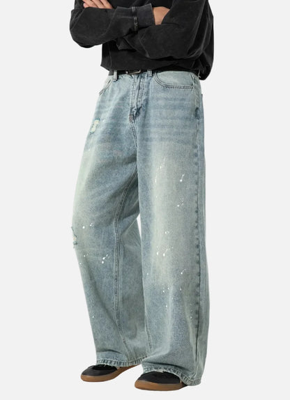 Japanese Style Washed Splatter Relaxed Fit Jeans