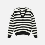 Contrast Color Loose Fit V-Neck Knitted Sweater