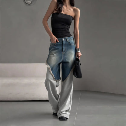 Distressed Patchwork Wide Leg Denim Pants