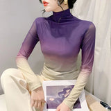 Chic Gradient Print Mesh Long T-Shirt