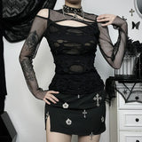 Dark Gothic Frayed Fishnet Patchwork T-Shirt