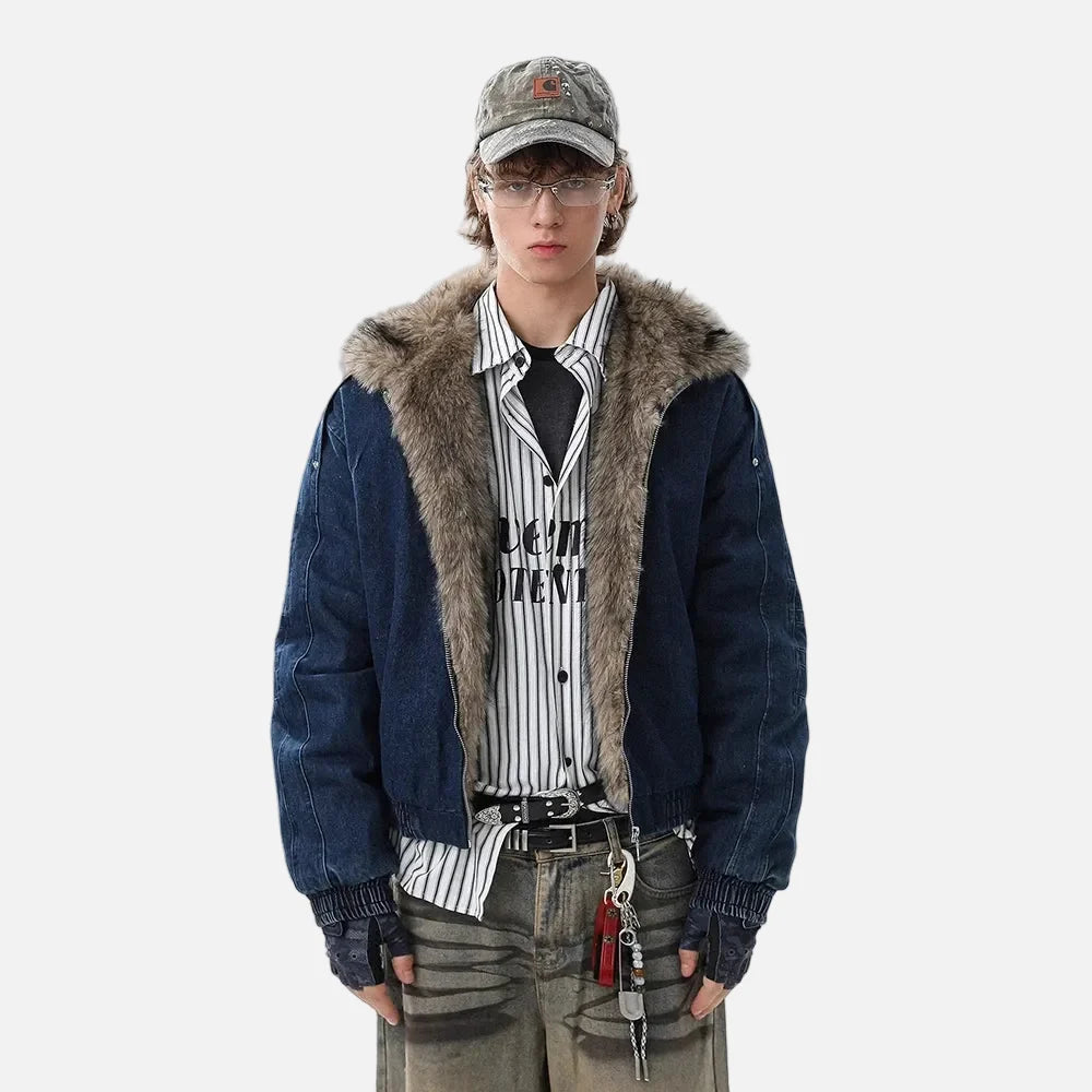 Y2K Quilted Retro Denim Fur Hooded Jacket