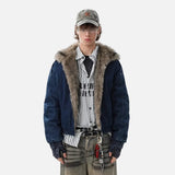 Y2K Quilted Retro Denim Fur Hooded Jacket