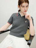 Women Contrast Color Bear Embroidered Knitted T-Shirt