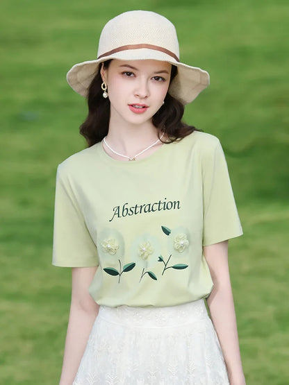 Green Flower Embroidered T-shirt