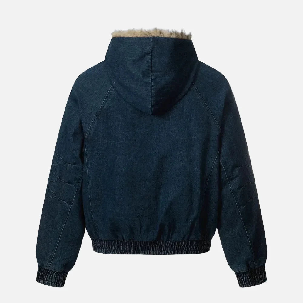 Y2K Quilted Retro Denim Fur Hooded Jacket