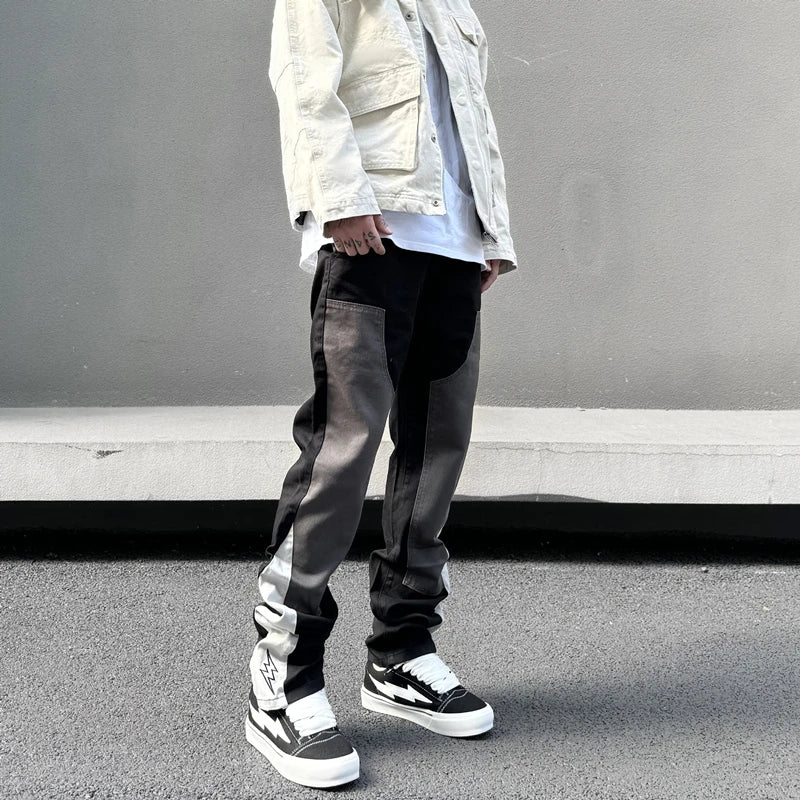 Black Gray American Style Embroidered Stacked Jeans