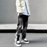 Black Gray American Style Embroidered Stacked Jeans