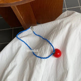 Blue Beaded Tomato Pendant Chain Necklace