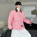 Korean Style Pink Turn-Down Collar Denim Jacket