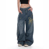 Women Embroidered American Style Retro Straight Jeans