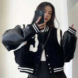 Punk Style Black White Leather Varsity Jacket