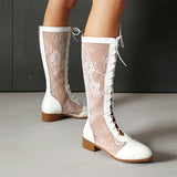 Elegant Lace-Up Sheer Floral Knee-High Boots