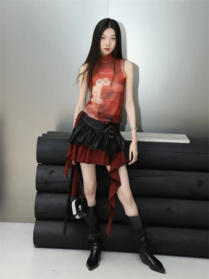 Bold Red Mesh Graphic Tank T-Shirt