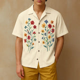 Flower Embroidered Lapel Casual Short Sleeve Shirt