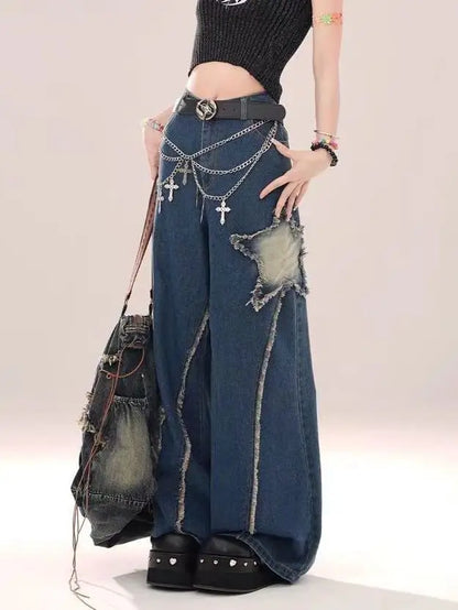 Y2K Distressed Star Patch Flare Jeans