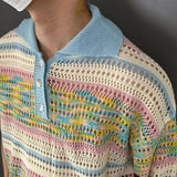 Versatile Gradient Striped Knit Polo Sweater