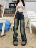 Street Denim Blue Loose Hole High Waist Jeans