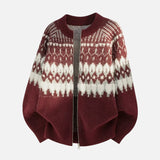 Soft Textured Knit Fair Isle Zipper Cardigan
