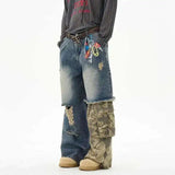 Long-lasting Retro Camo Print Splicing Design Jeans