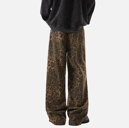 Streetwear Leopard Print Wide Leg Denim Jeans