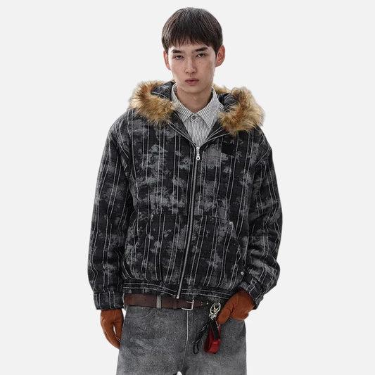Streetwear Tie Dye Plaid Fur Hooded Jacket