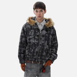 Streetwear Tie Dye Plaid Fur Hooded Jacket