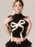 Women Retro Vintage Gothic Bow Print Crop T-Shirt
